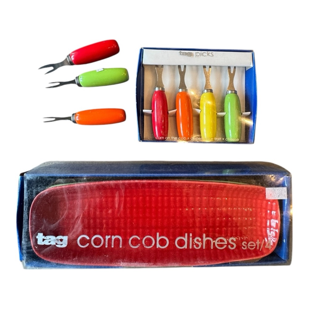TAG Colorful Corn on the Cob Dishes (4) with Seven Matching Cob Holders New!